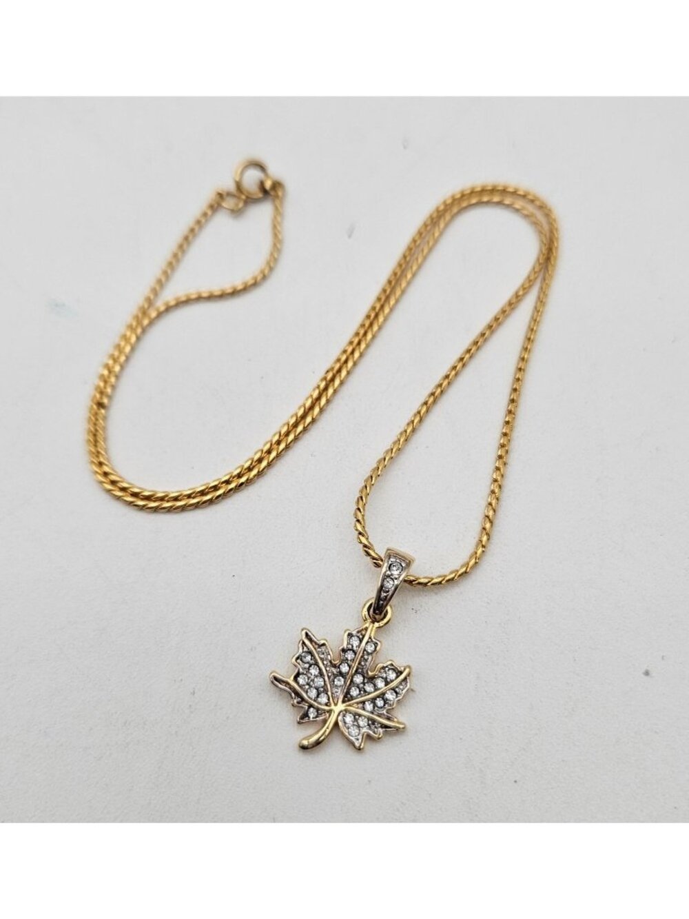 Maple Leaf Pave Crystal Pendant Chain Necklace Gold Tone